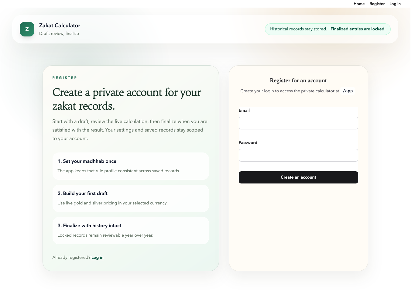 Register screen with private account setup
